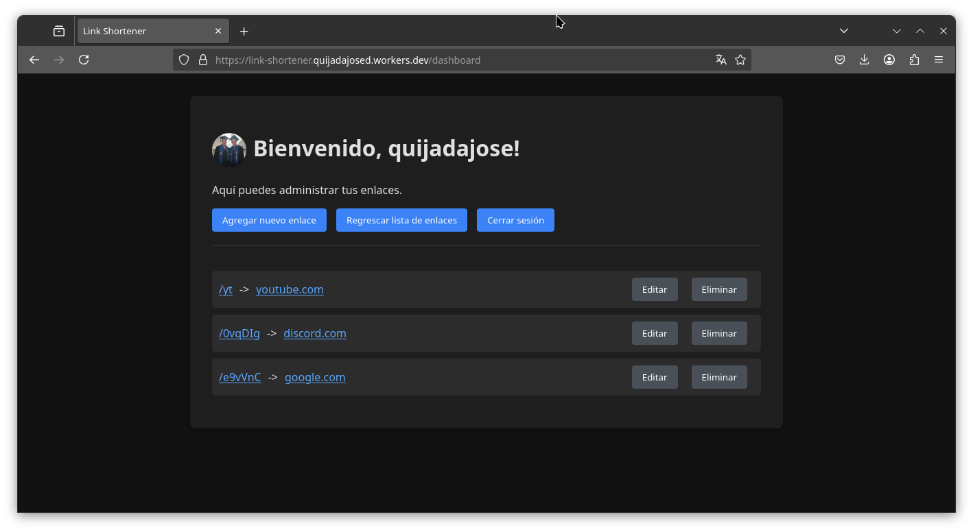 Dashboard del acortador de enlaces